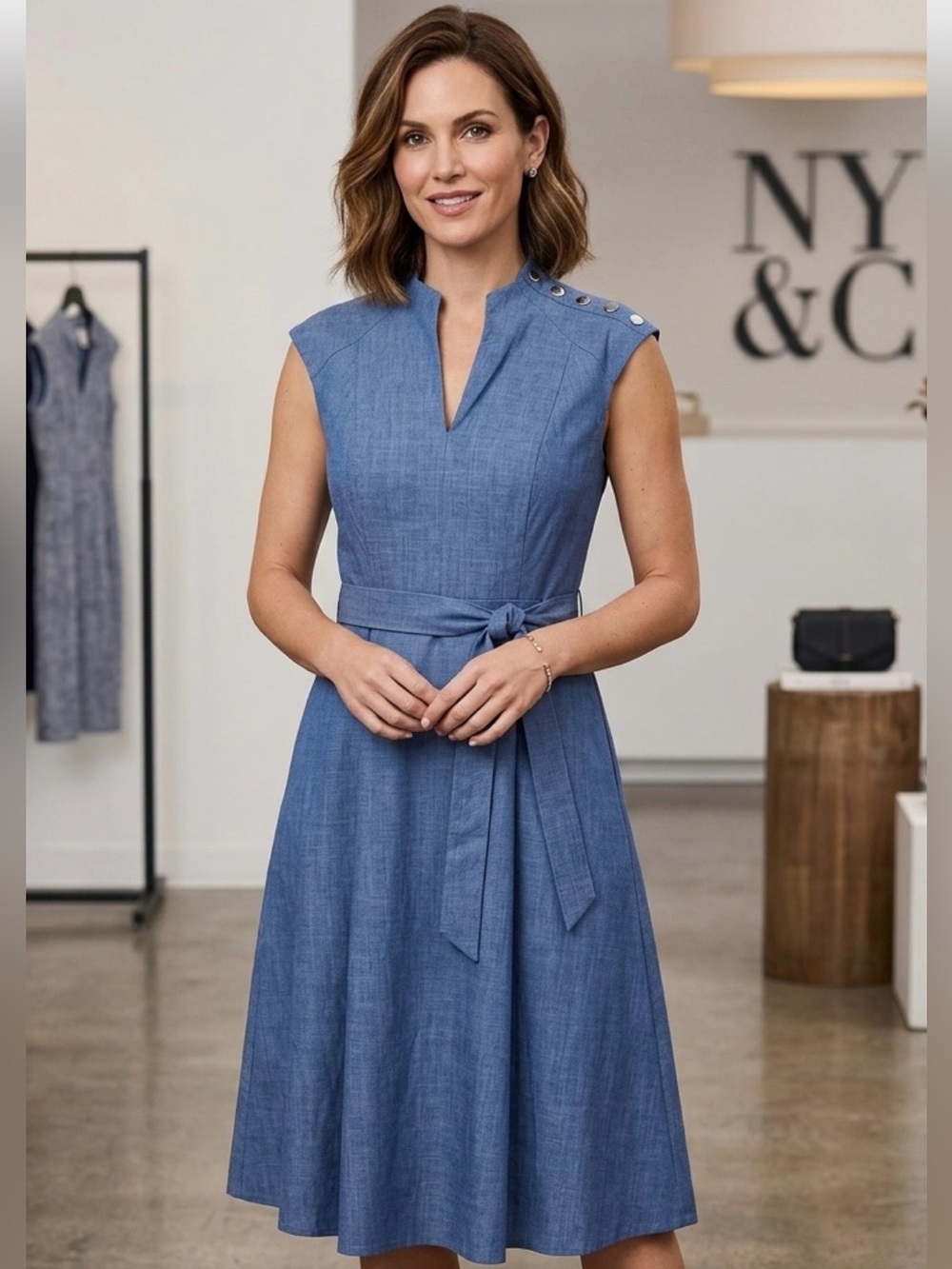 New York & Company Blue Belted Midi Dress